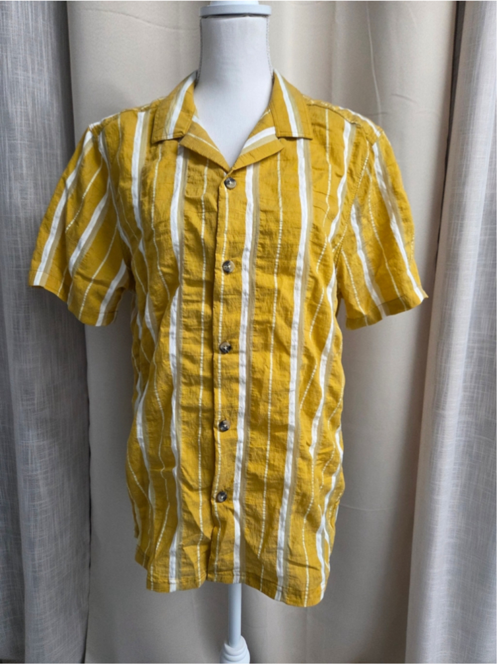 ASOS Yellow White Stripe Short-Sleeve Button Shirt Resort Poolside Summer Size L